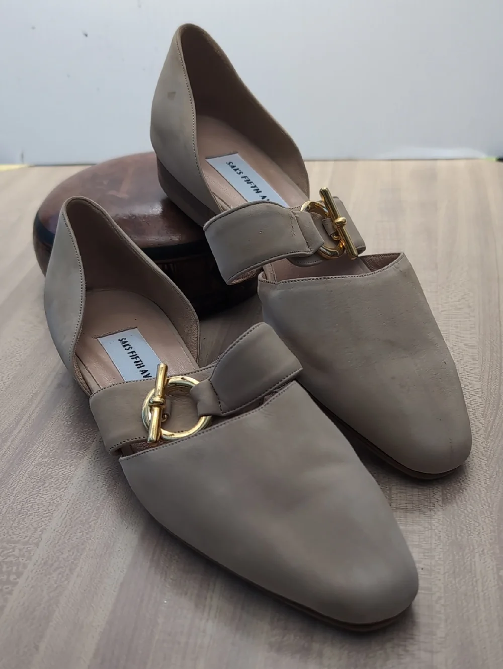 Saks Fifth Avenue Taupe Leather Pointed Flats with Gold Buckle